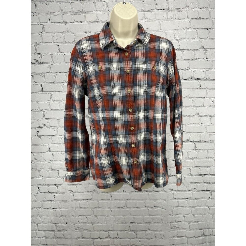 Duluth Trading Company Orange Blue White Plaid 100% Cotton Flannel Women’s S